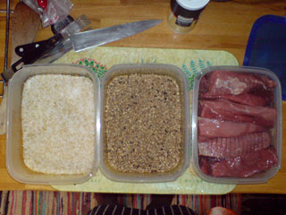 From left to right, the Salt Curing mixture, the spice mixture, and the beef ready to be rolled.