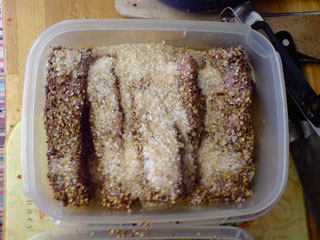 The first layer of spiced and salted strips